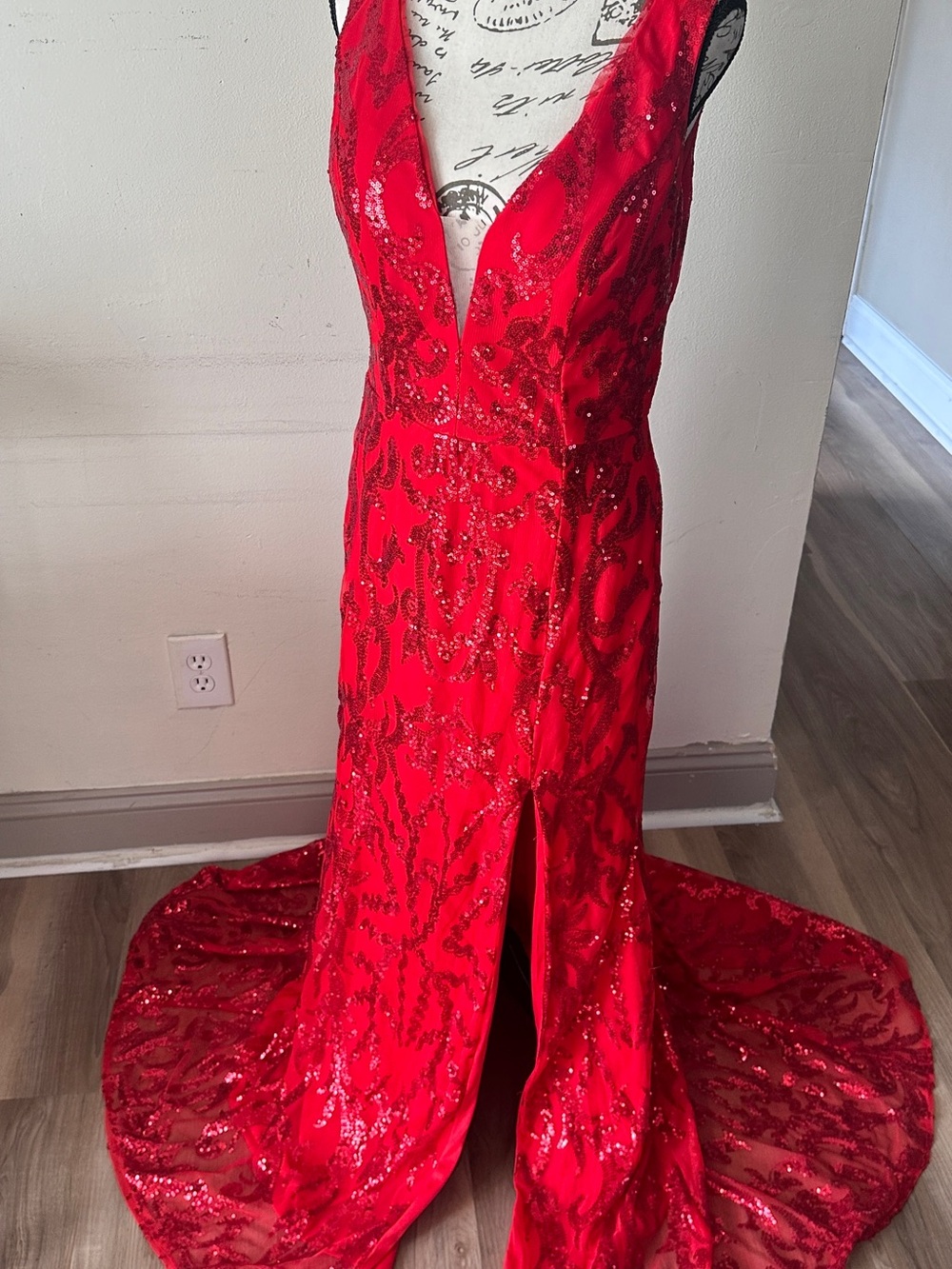 Red Sequin V-Neck Evening Gown
